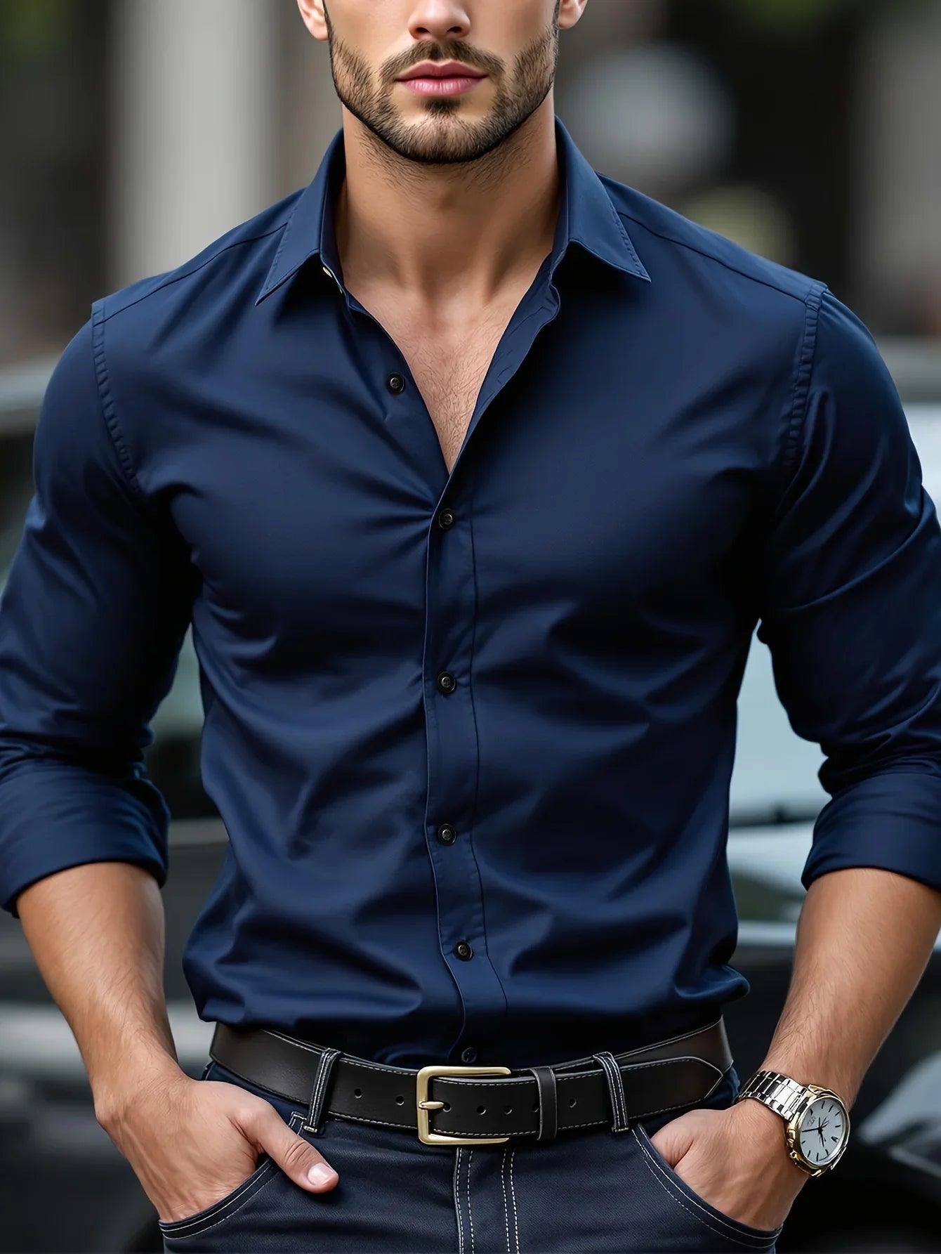 Men’s Solid Color Long Sleeve Business Shirt